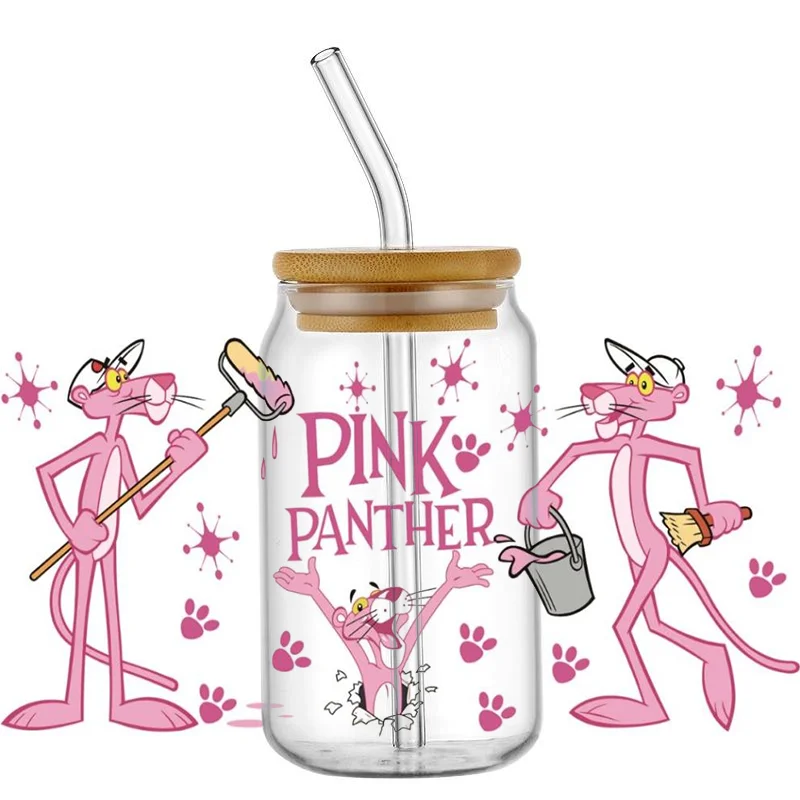 Miniso Pink Naughty Panther pattern For The 16oz Libbey Glasses Wraps Cup Can DIY Waterproof Easy To Use Custom Decals