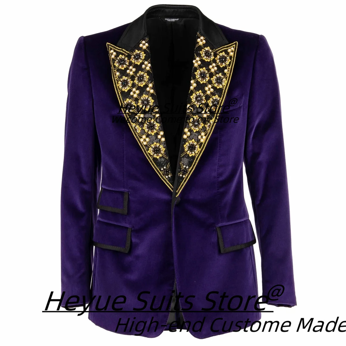 

Elegant Purple Velvet Men Suits Luxuly Golden bead Peak Lapel Groom Tuxedos 2 Pieces Sets Male Prom Blazers trajes para hombre