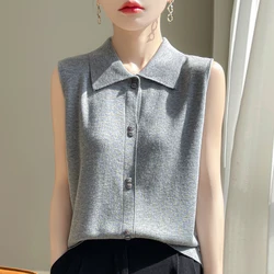 Fine Imitation Wool Shirt Vest Women 2024 Summer,Sleeveless Knit Top,With Loose Lapels,Will Not Pill,Shrink Resistant Sweater