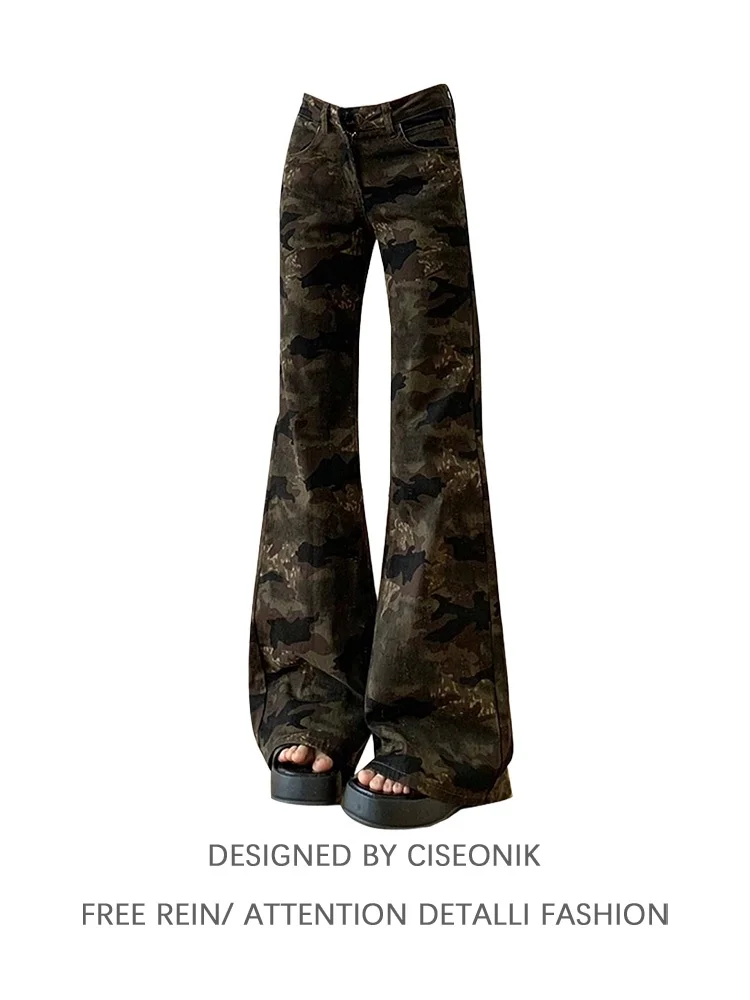

American Retro Camouflage Workwear Flared Jeans Women's Low Waist Not Legging Hoof Pants Floor-Length Trousers
