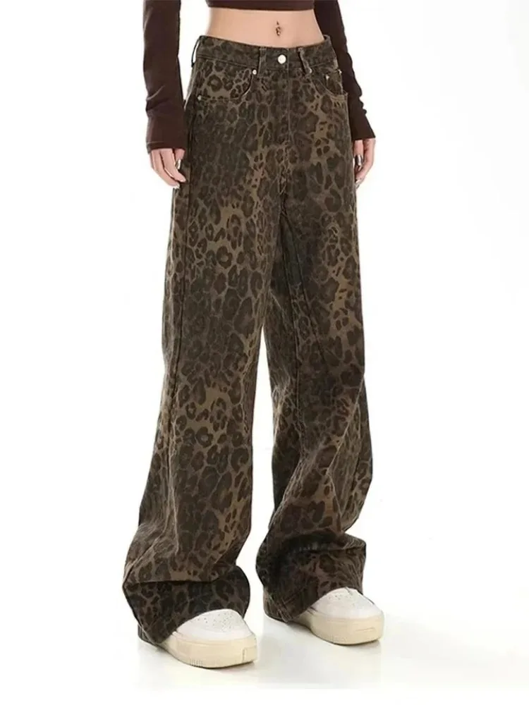 Amerikaanse vintage luipaardprint jeans dames herfst winter nieuw design gevoel kleine rechte buis overall casual broek