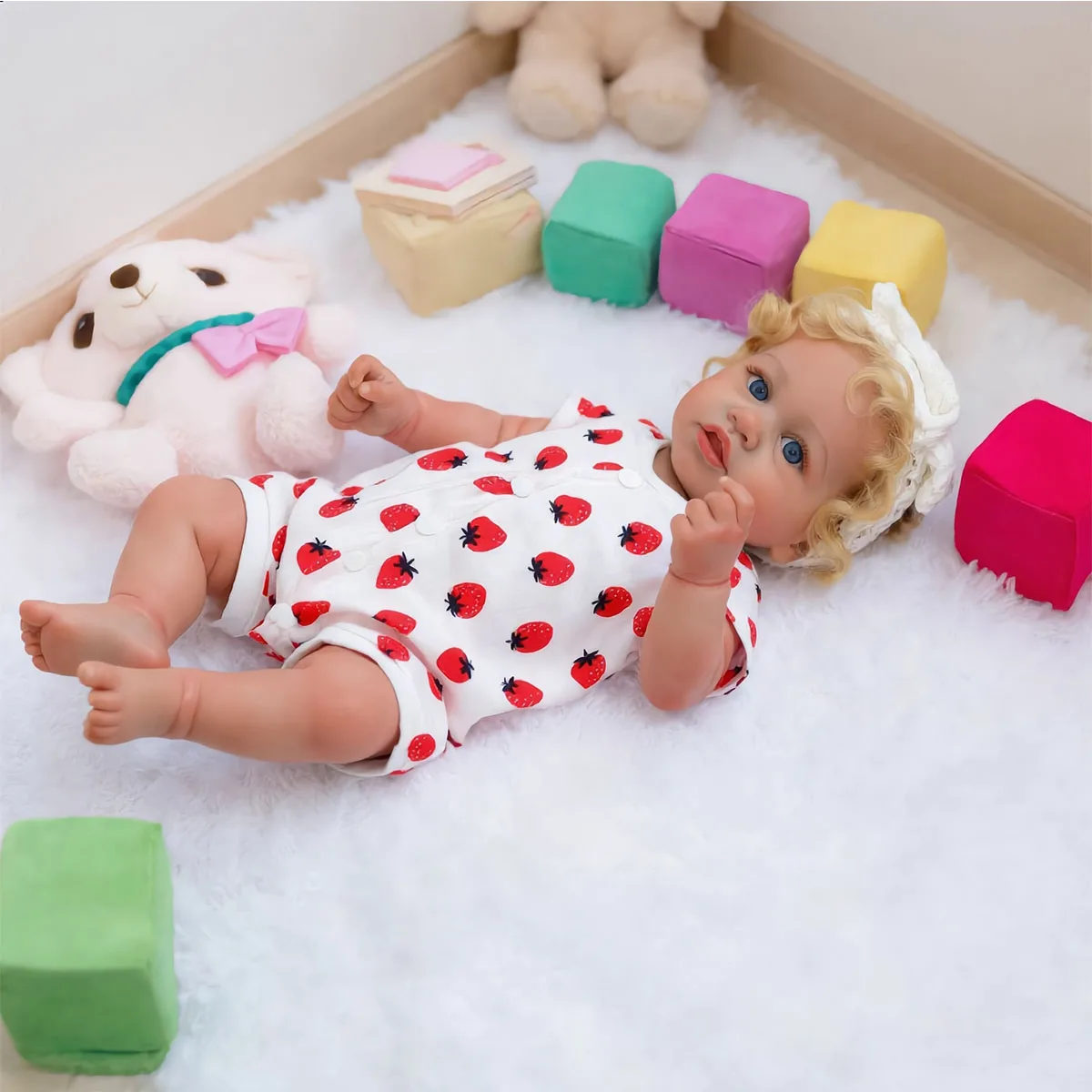 

22 Inch Reborn Baby Doll Girl - Lifelike Realistic Newborn Baby Doll with Blonde Rooted Hair & Blue Eyes, Strawberry Outfit Toddler Doll for Kids Age 3+