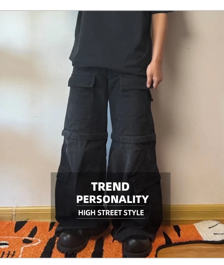 MIJKO فضفاض الجينز خمر غسلها انفصال متوهج البضائع رجل مستقيم وزرة غير رسمية المتضخم التمهيد قطع السراويل السوداء #6