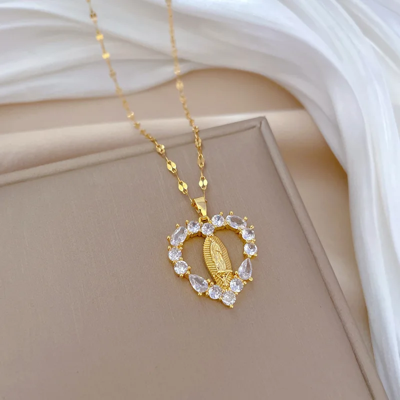 Stainless Steel Chain Religious Zircon Heart Virgin Mary Pendant Necklace for Women Lady Classic Jewelry Accessories Gifts
