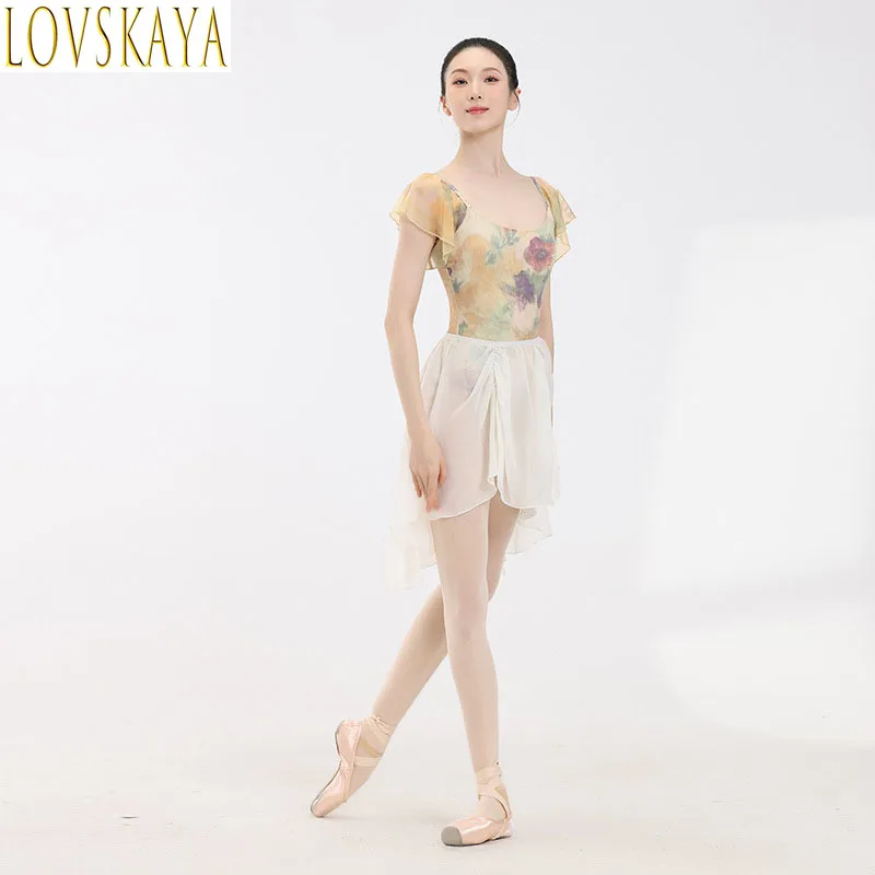 Lotus Leaf Sleeve Ballet Macacão, versão pintura a óleo, traje de dança elegante para dançarinos adultos, novo