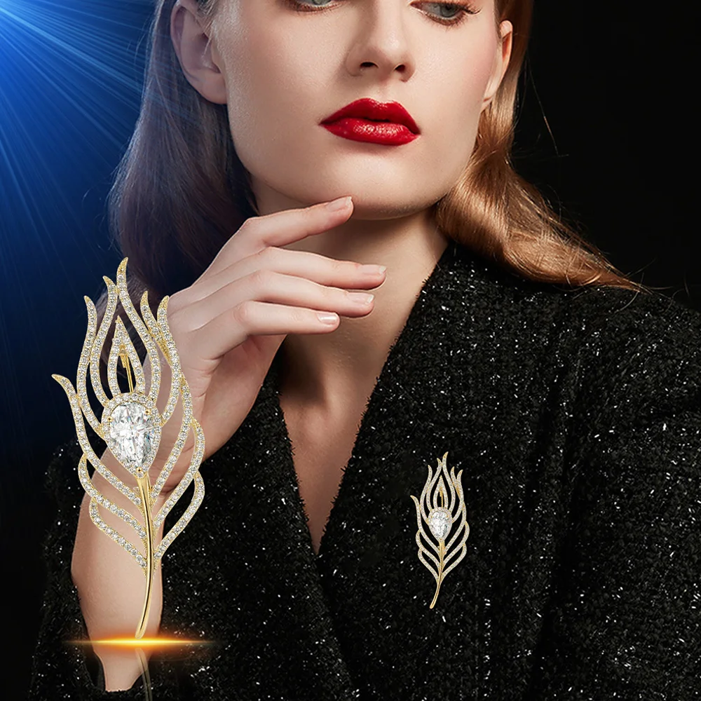 

Brooch for Women Gold Zircon Feather Brooches Light Luxury Women's Sweater Metal Pins Trendy Jewelry Accessories New Year Gifts