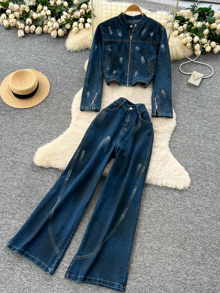 

Faionable Широкие джинсы с высокой талией ort Sve Длинное пальто Женский осенний комплект Sli Универсальный элитный наряд