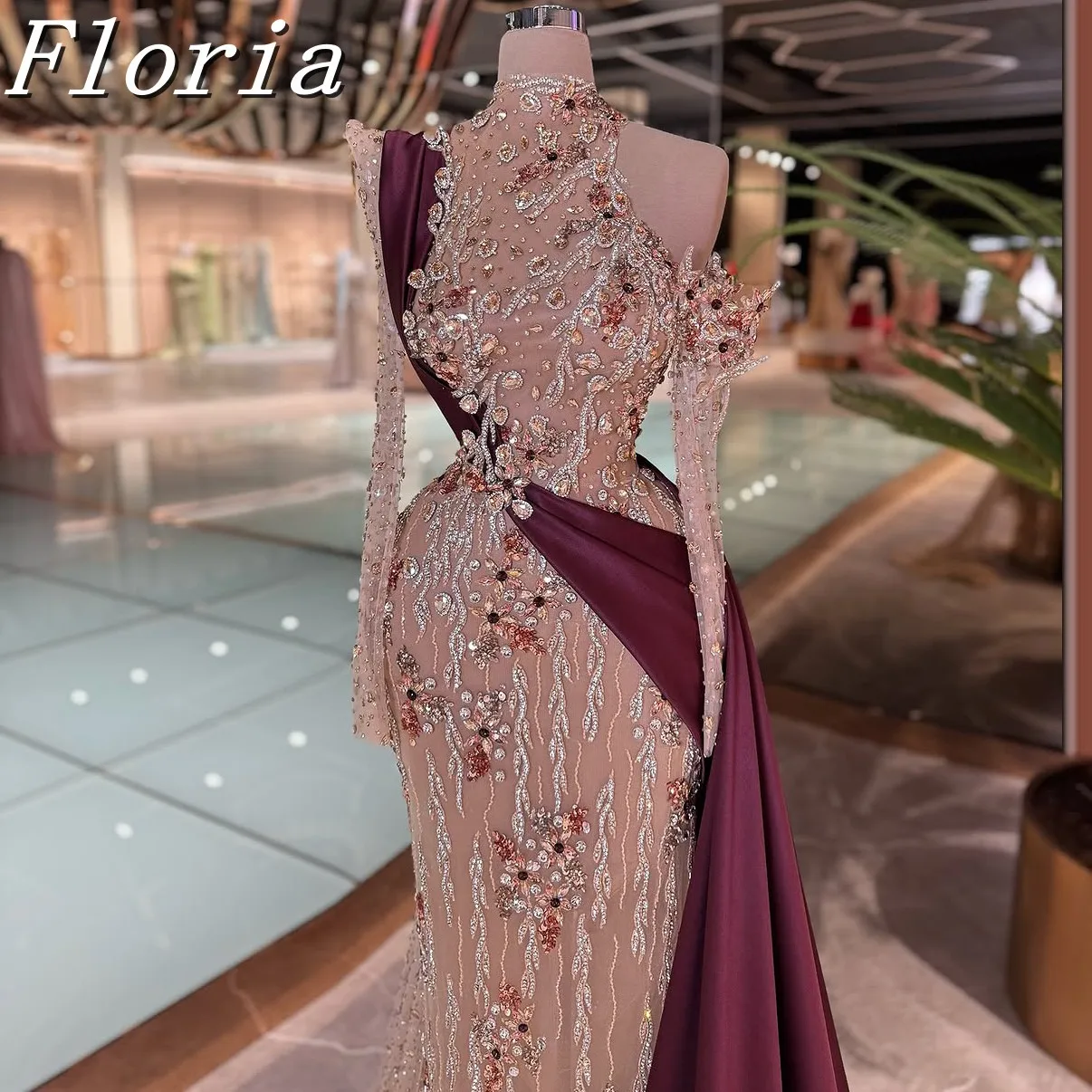 

Luxury Satin Long Sleeve Evening Dress with Rhinestones plus Size Women's Wedding Party Gown Customized Middle East Style