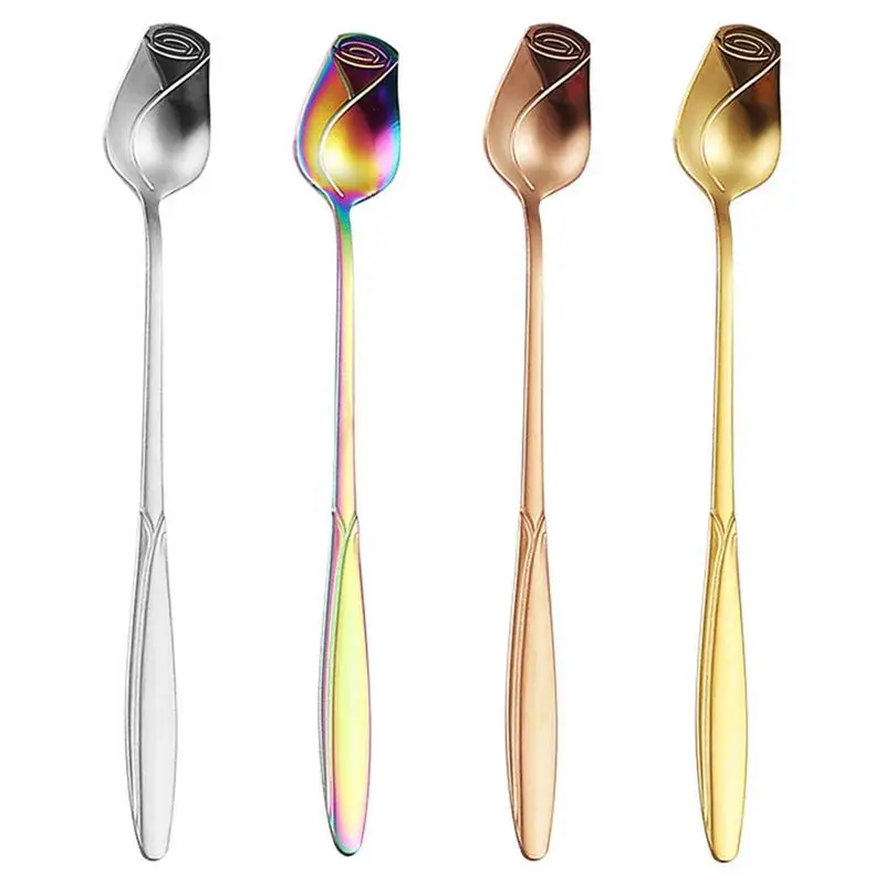 Stainless Steel Spoon Stainless Steel Tea Dinner Silverware Spoons Integrated Long Handle  Creative Rose Shape Spoons No Fading