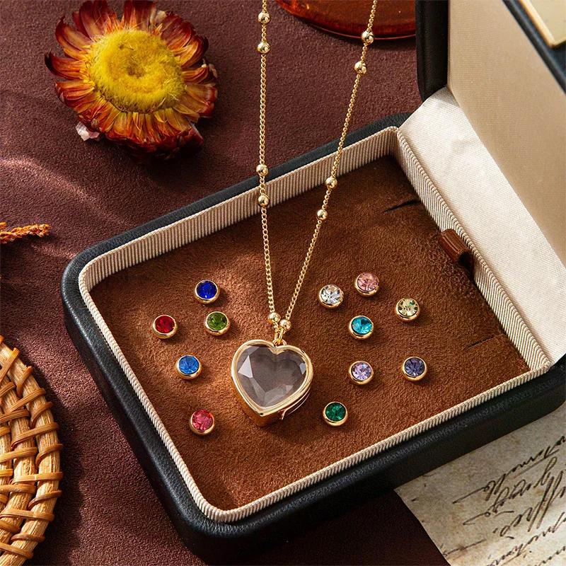 Love Glass Box Pendant DIY Necklace Birthday Month Gemstone Light Luxury Versatile Fashion Jewelry Gift