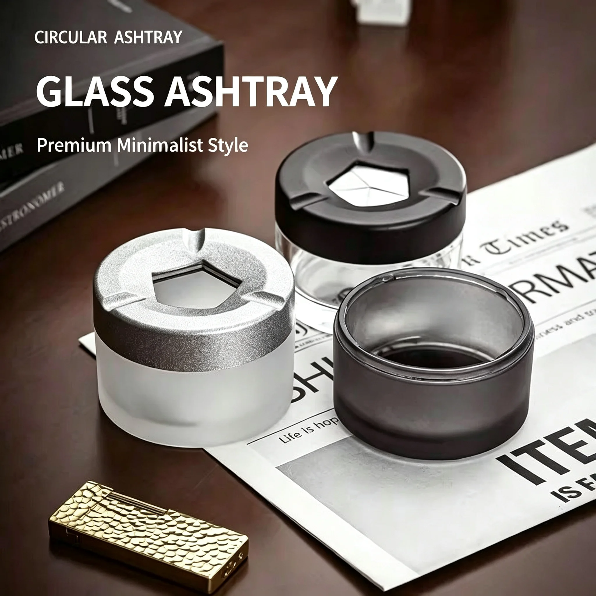 New Model Rotating Lid Ashtray with Anti-Fly Ash Feature, Creative and Personalized Glass Design for Car, Home, and Office Use, Detachable Type