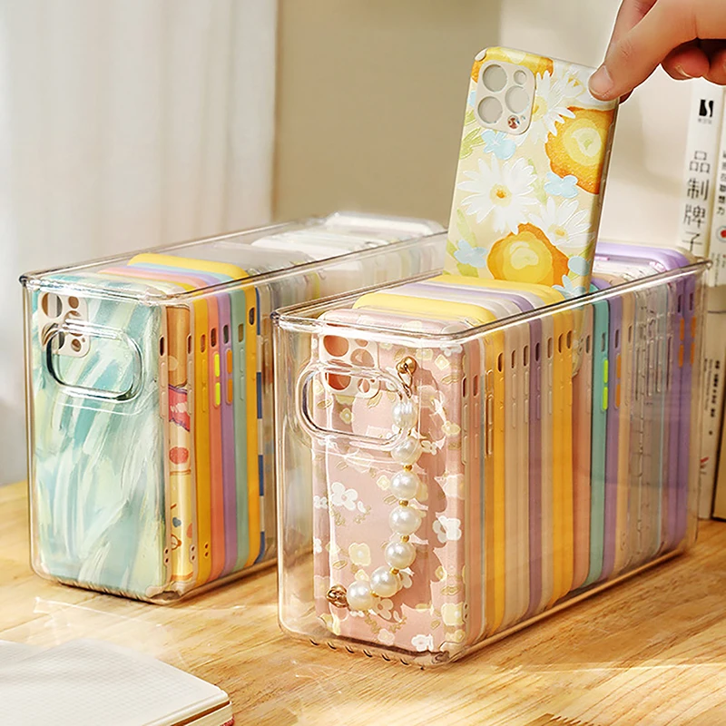 Ins Transparent Phone Case Organizer Storage Box Desktop Acrylic Sundries Storage Basket Cosmetics Small Rack