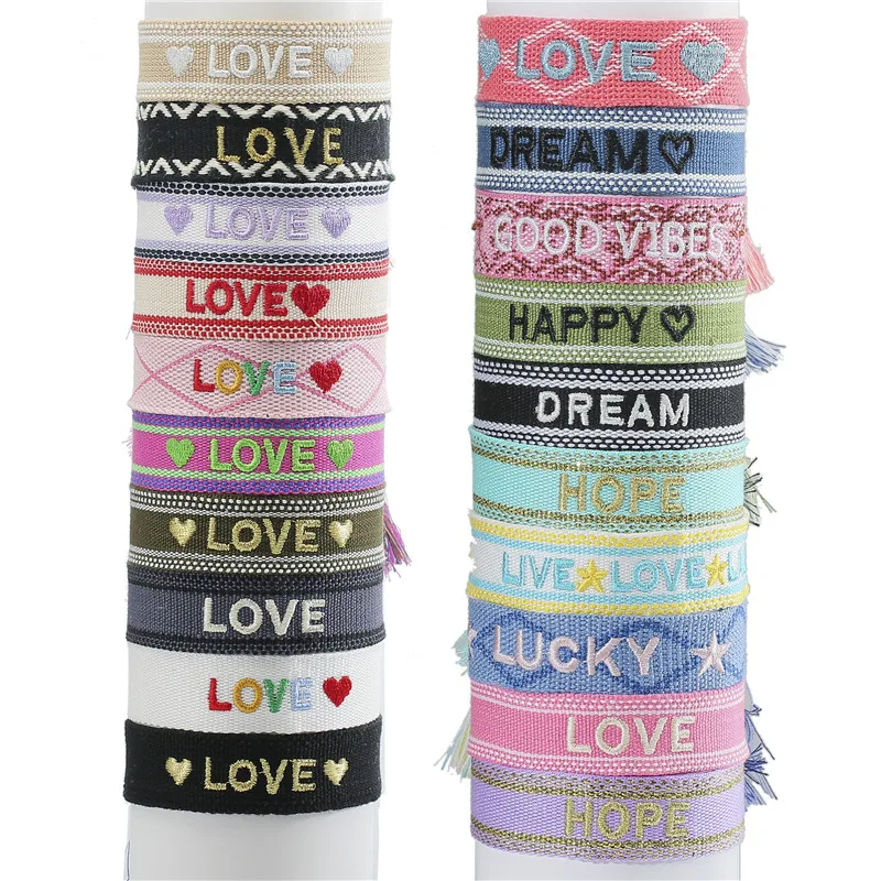 YEYULIN Ethnic Braided Fabric Bracelet for Women Men Love Hope Letter Charm Bracelets Handmade Adjustable Tassel Rope Jewelry