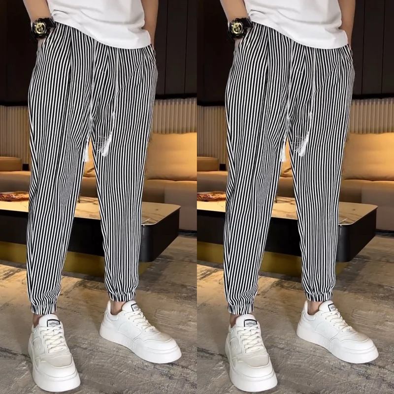 

ACMEOSTUDO Men's Comfortable Loose Fit Slim Leggings Summer Thin Faionable Classic Stripes Casual Trousers