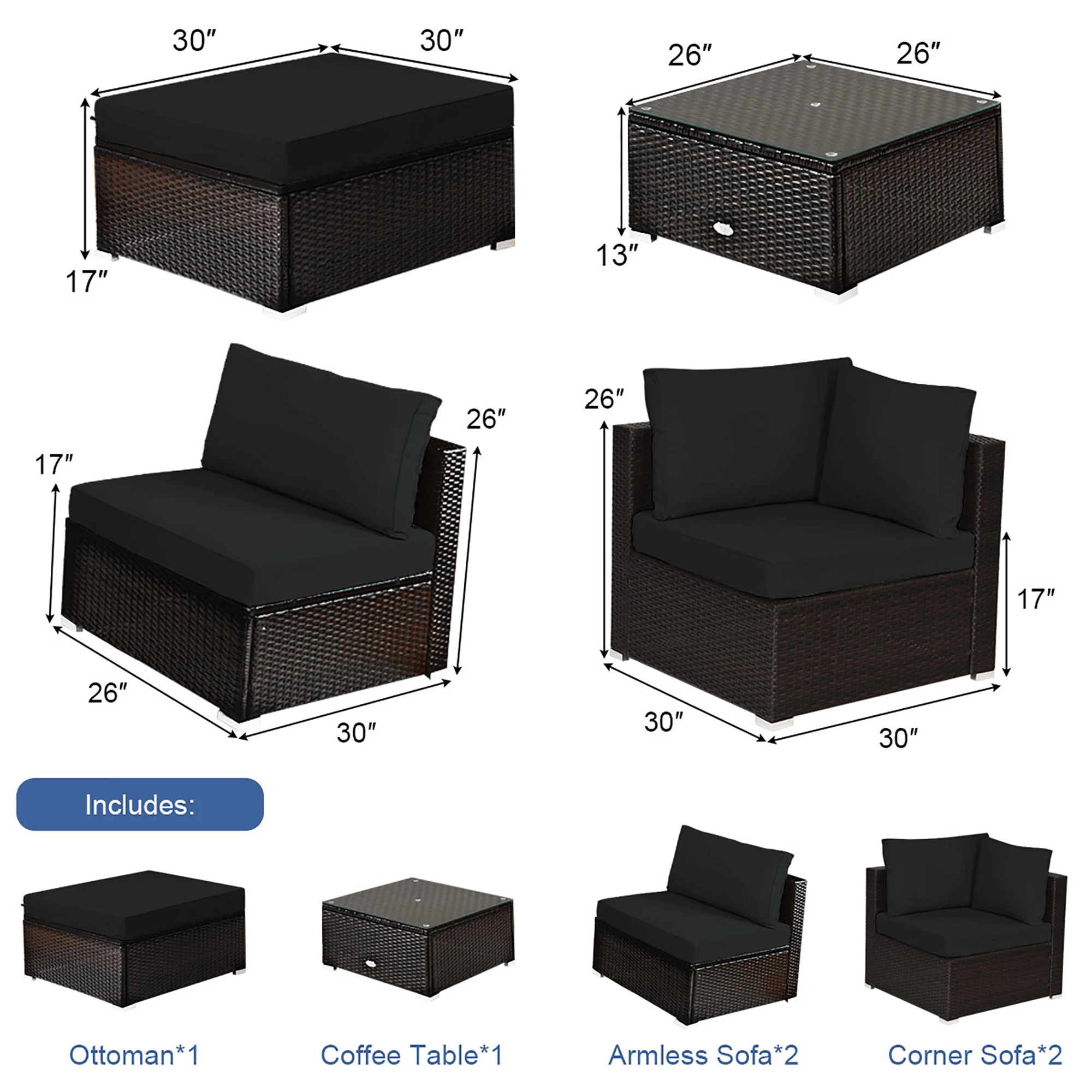 Conjunto de muebles de mimbre para Patio exterior, sofá seccional acolchado, color negro, 6 piezas