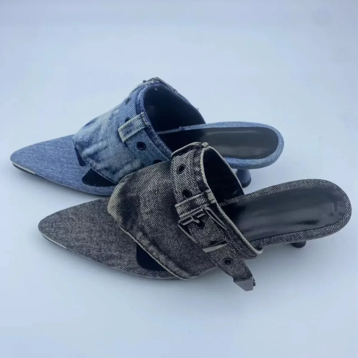 Summer New Denim Fashion Outerwear European And American Cold Slippers Low Heel Pinch Toe Pointed Belt Buckle Slippers