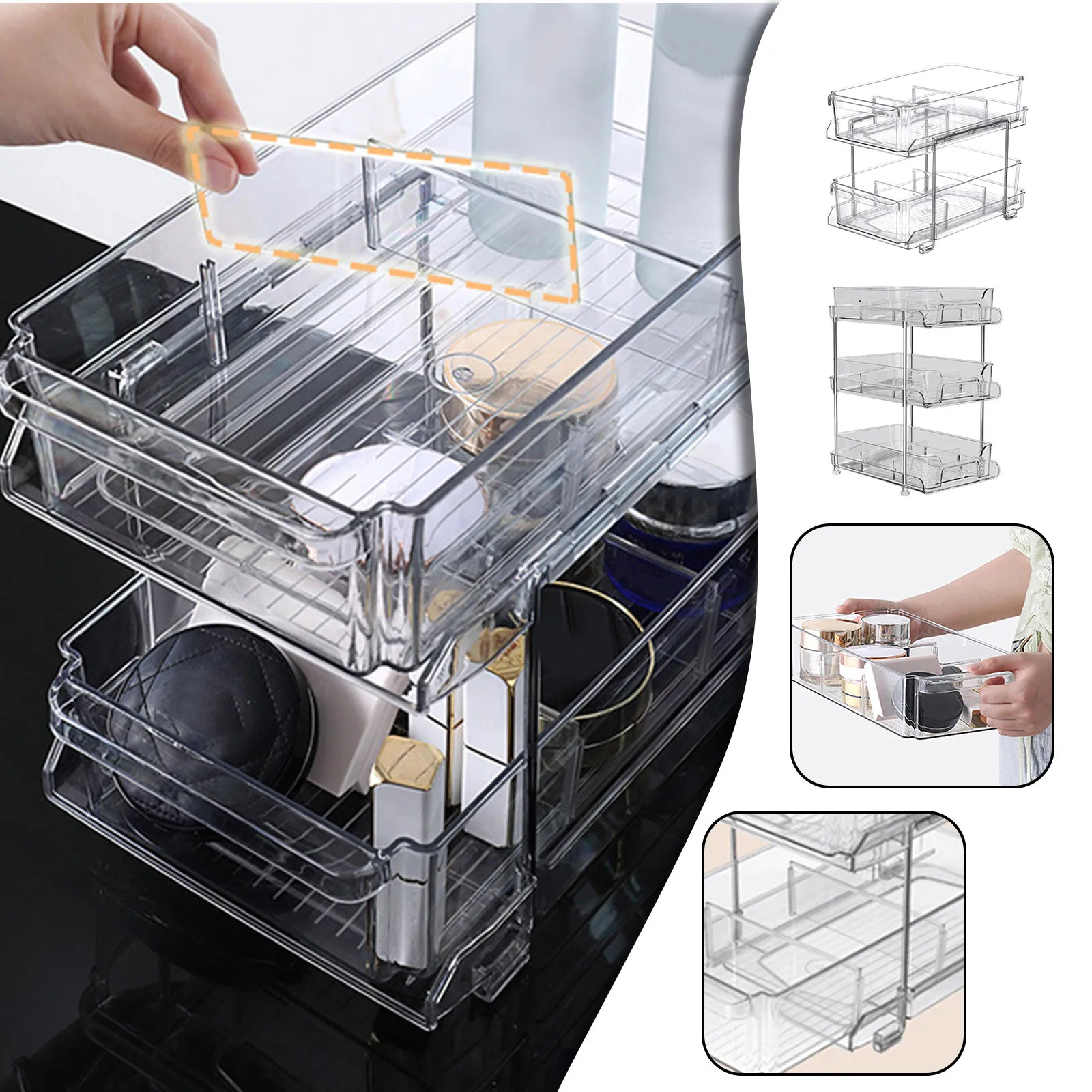 Pull-Out Home Organizer Clear Bathroom Organizer With Dividers Multipurpose Vanity Counter Tray Kitchen Closet Storage Container