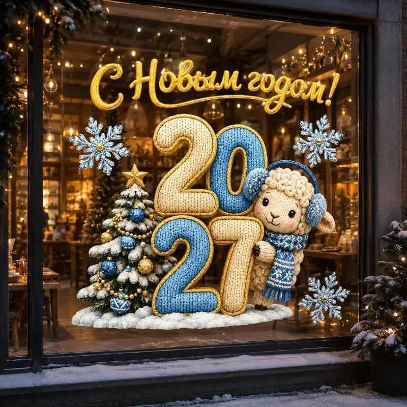 2027 New Year Window Decal Self-Adhesive Cute Knitted Sheep Snowflake Easy Apply Winter Holiday Party Supplies