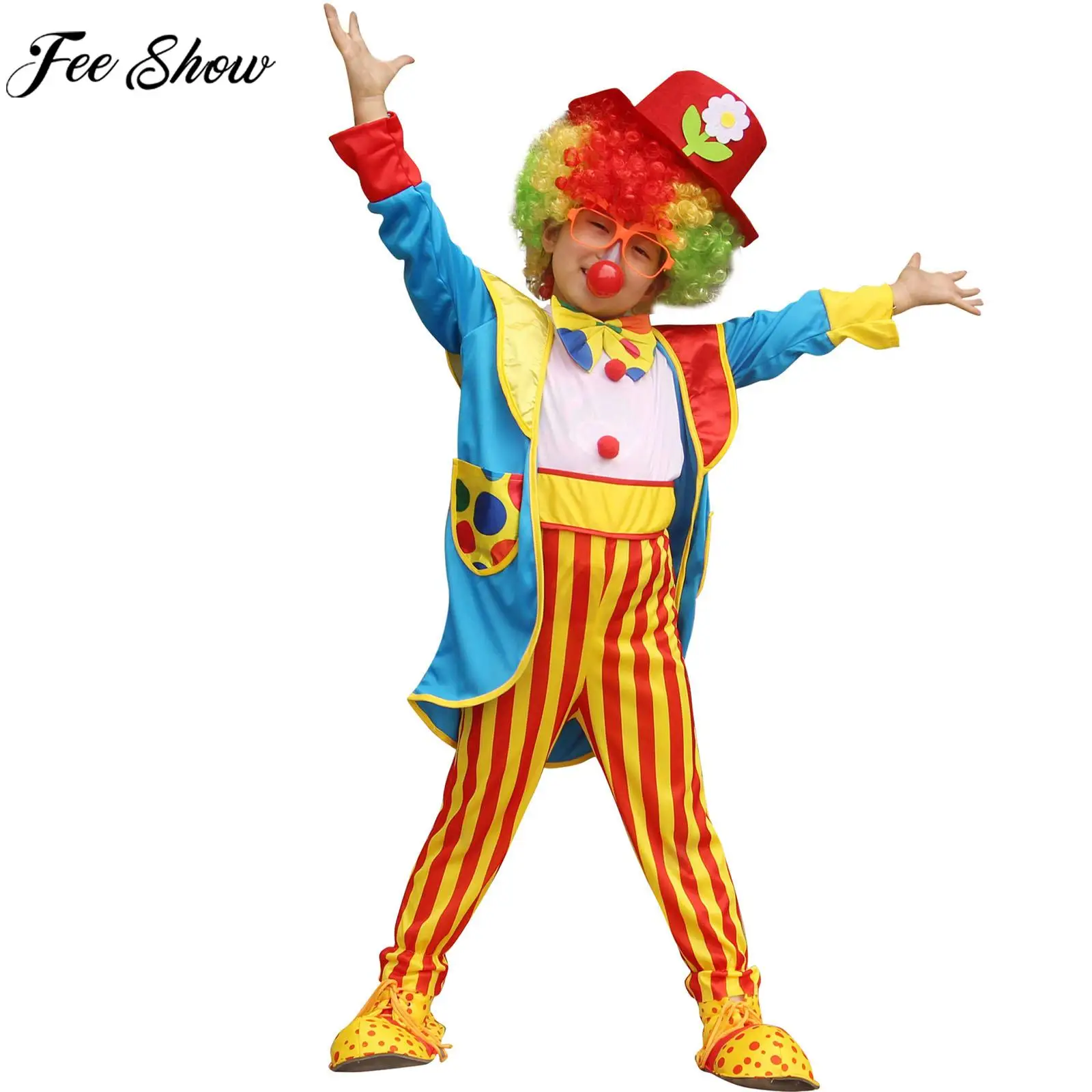 Boys Girls Clown Cosplay Costume Striped Jumpsuit with Coat Top Hat Bowtie Halloween Theme Party Carnival Performance Clothes