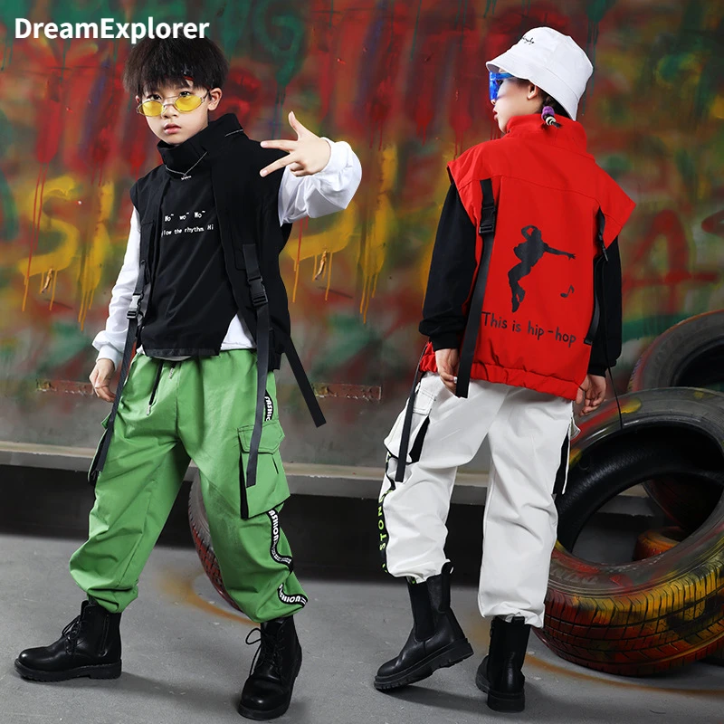 Boys Hip Hop Vest Sweatshirt Cargo Pants Girls Street Dance Clothes Sets Child Jazz Joggers Kids Streetwear Performance Costumes