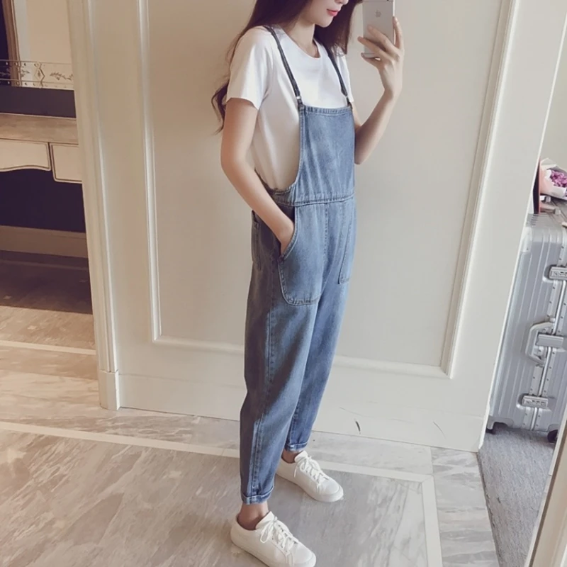 

Summer Thin Denim Overalls Women's Loose High Waist Nine-Piece Jeans Sle Korean Faion Spring Autumn Light Blue High Waist