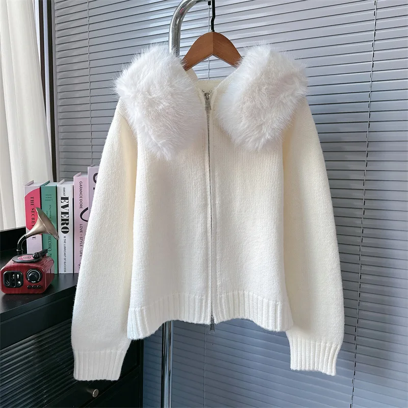 [EWQ] Cardigan in maglia a maniche lunghe con cappuccio in pelliccia impiombata stile coreano Cappotto maglione da donna casual allentato 2024 Inverno Nuovo 16O3536