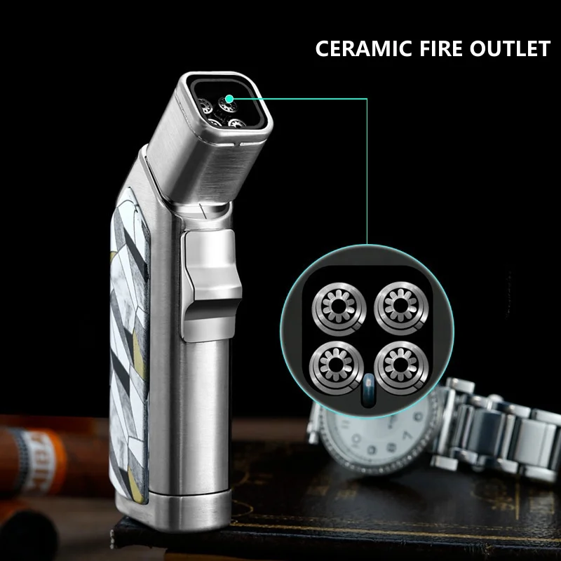 JOBON Portable Cigar Lighter 360° Use Four Strong Blue Flame 1300°C Torch Turbine Jet Windproof Lighter Cigar Cutter Men's Gift