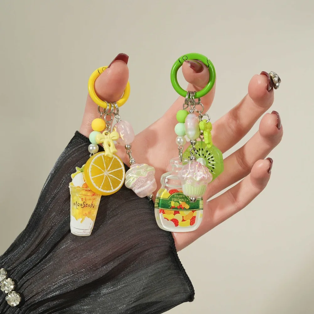 Cute Fruit Drink Acrylic Keychain Simulation Ice Cream Fruit Slice Bow Pendant Bag Charm Ornament Sweet Gift for Girls Women