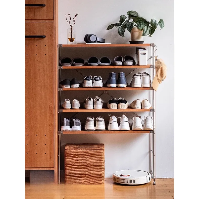 Stainless steel shoe rack Japanese solid wood rack household multi-layer open small apartment metal shoe cabinet