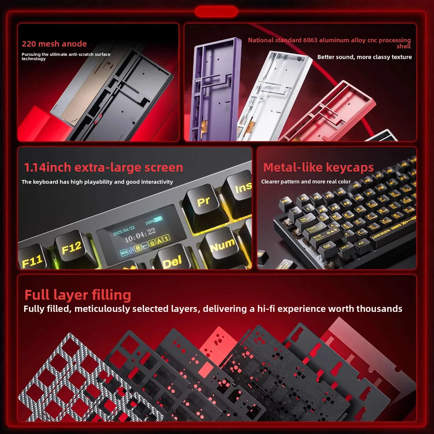 AULA FIRE-100 لوحة مفاتيح ألعاب من سبائك الألومنيوم ثلاثة أوضاع لوحة مفاتيح ميكانيكية شاشة LED طوقا RGB ملحقات رياضية إلكترونية مخصصة