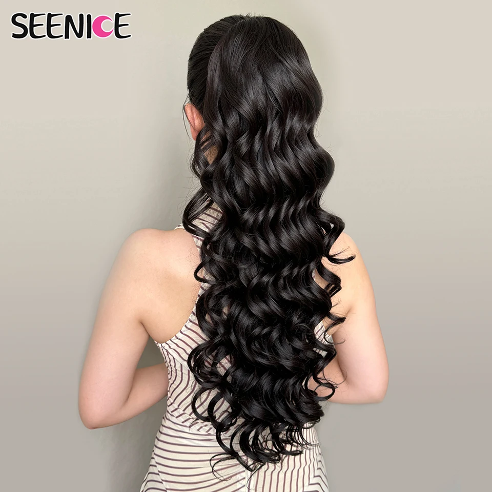 28 pulgadas sintético largo suelto profundo rizado cordón Clip en cola de caballo extensión de cabello peluca de fibra de alta temperatura para mujeres