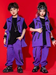 2023 Child Hip Hop Costume Girls Jazz Performance Clothes Purple Vest Pants Boys Hip Hop Dance Outfits Cool Stage Wear BL10741