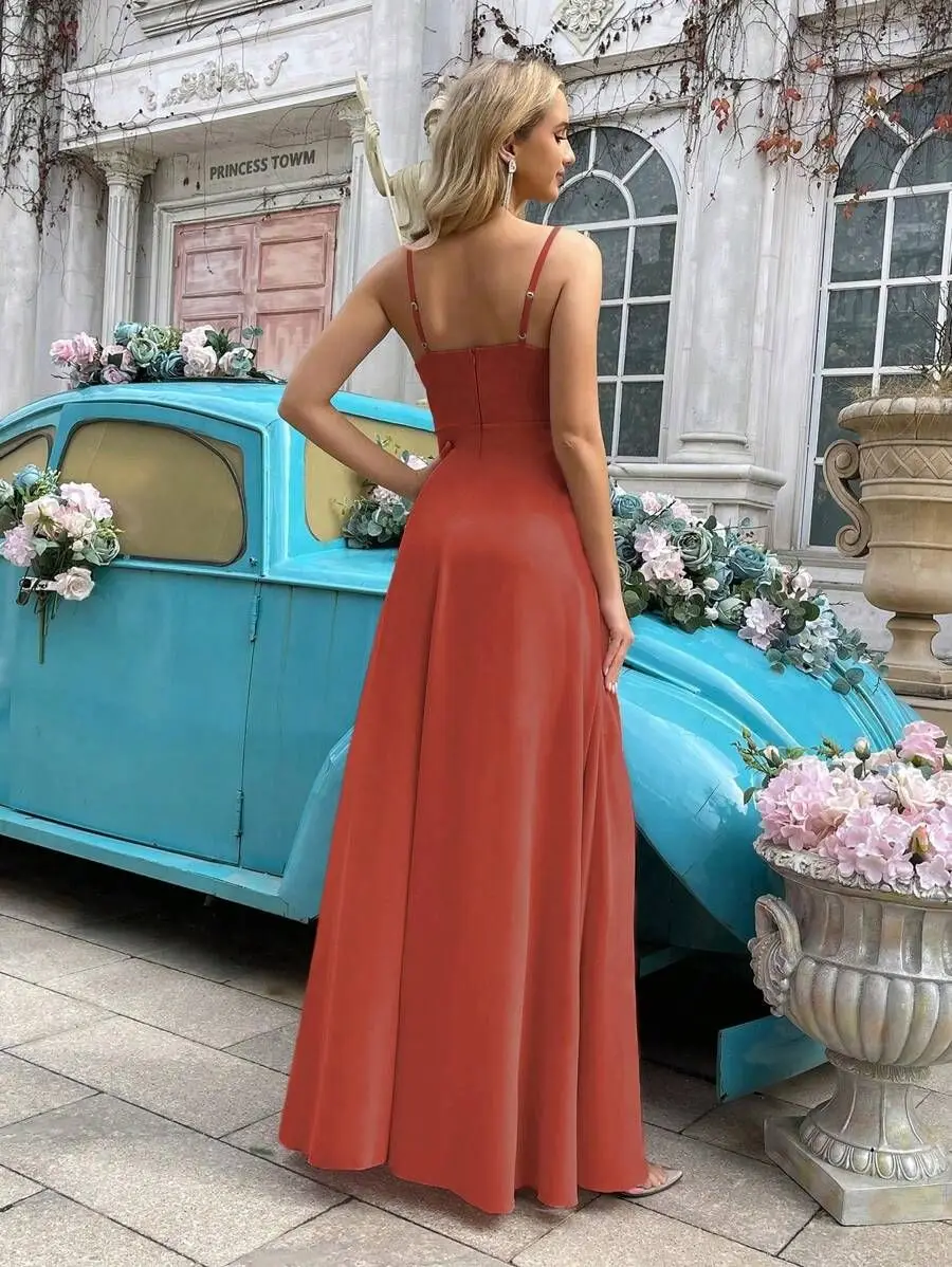 Chiffon Spaghetti Straps Elegant Bridesmaid Dresses Simple A-line Side Slit Ruffles Party Dress Backless Long Wedding Guest Gown