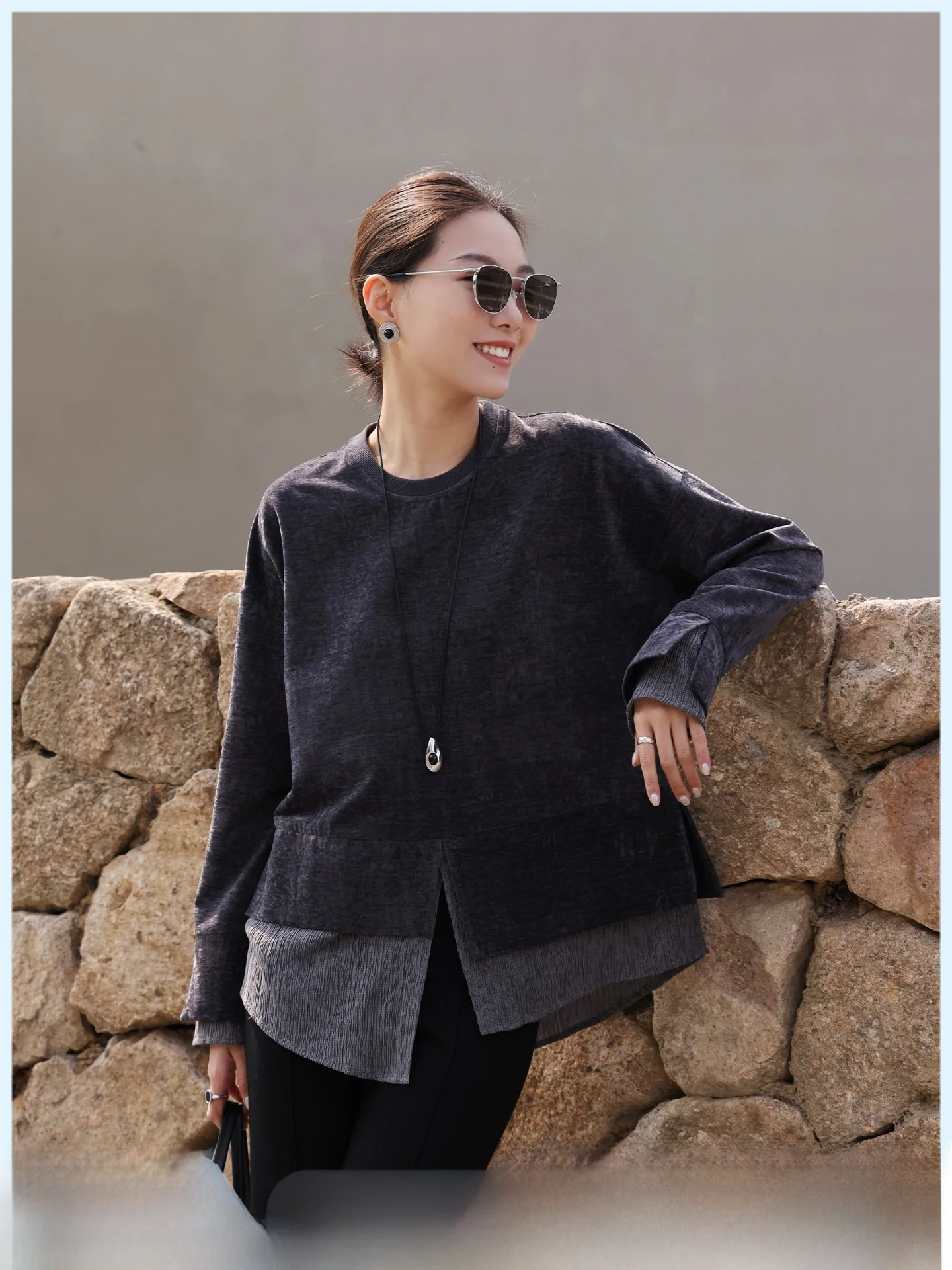 

Loose Fit round Ne Color Blo Sweatirt Women's Spring New Sle Casual Comfortable Polyester Long Sve T-irt