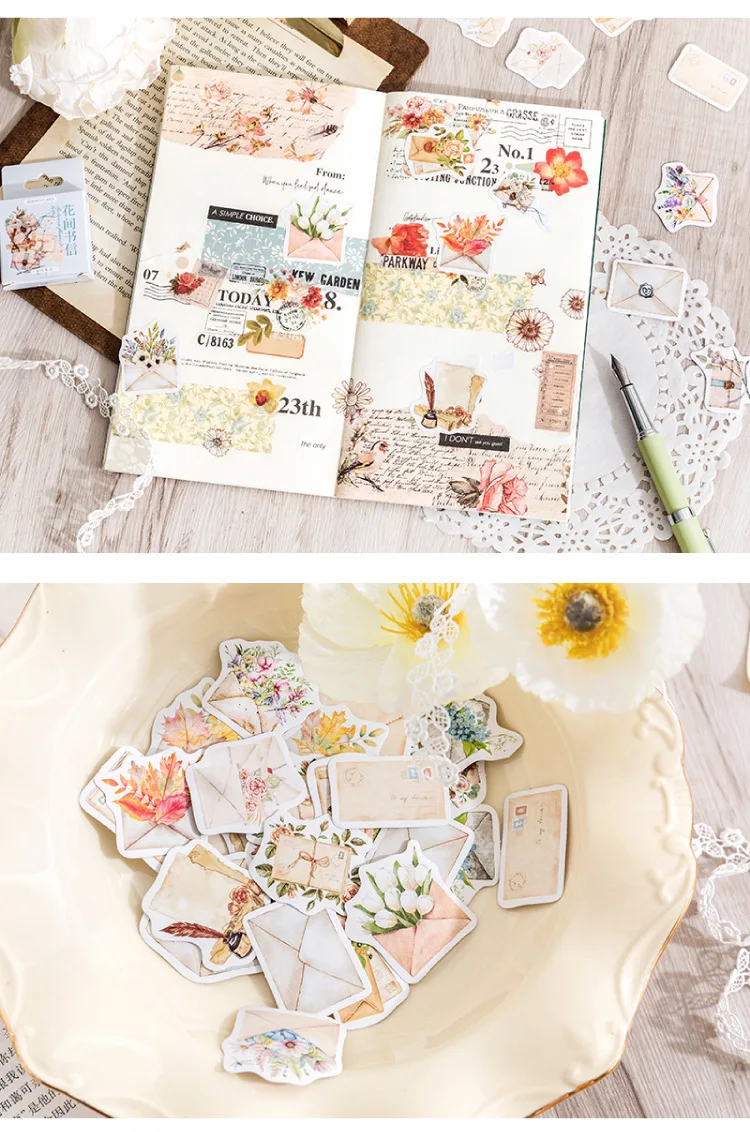 46Pcs Flower Envelope & Letter Stickers per Box for Junk Journal Diary Planner Scrapbooking Decorative DIY Craft
