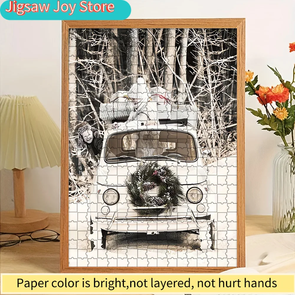 

Paper Jigsaw Puzzle Vintage White Car with Christmas Wreath & Gifts Art Print Wall Decor Winter Snowy Forest Festive Holiday Mon