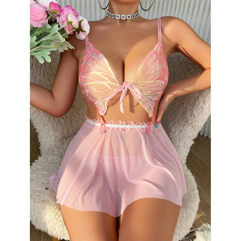 Ensemble de lingerie dos nu papillon rose paupières, sous-vêtements délicats, haut romantique, tenues transparentes, 3 pièces, 7.0