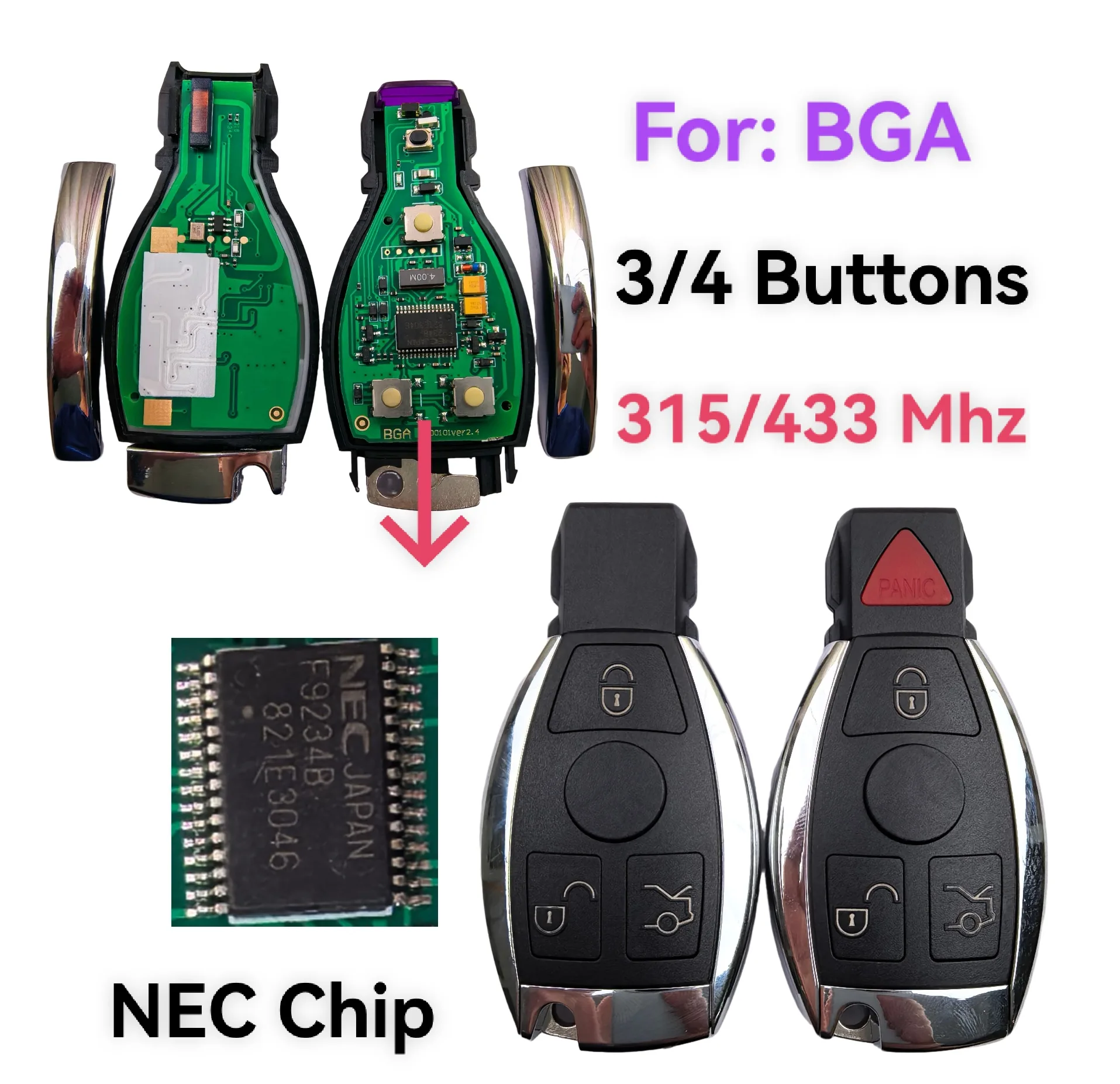3/4BT 315/433MHz NEC Chip Car Remote Key For Mercedes Benz BGA Style FBS3 System A C E S GLA GLC GLK W203-W222 Support BGA&NEC