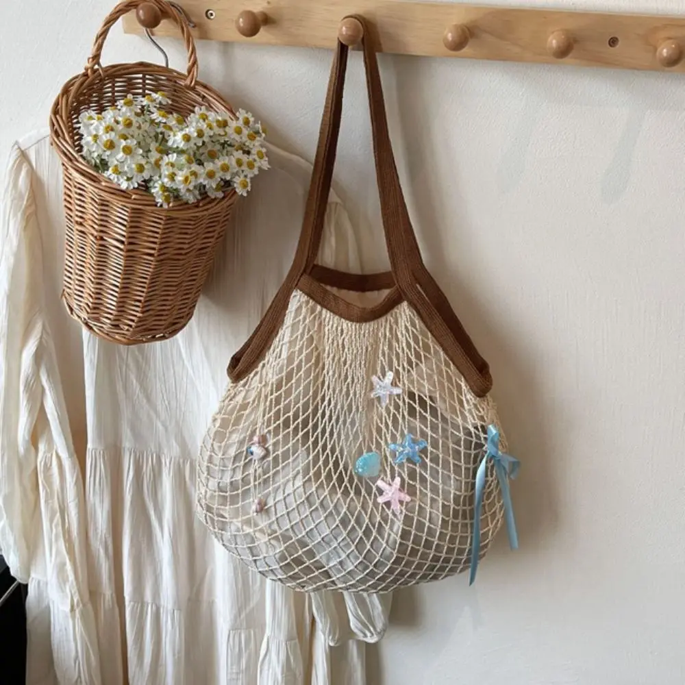 พับแบบพกพา Hollow ทอกระเป๋าสะพายสไตล์เกาหลีขนาดใหญ่ความจุทอกระเป๋าของชําโบว์โพลีเอสเตอร์กระเป๋าถือว่ายน้ํา