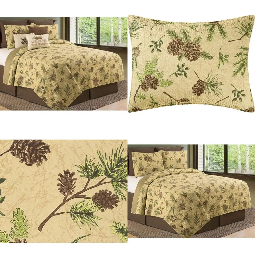 

Woodland Pinecone Quilt Set for Full/Queen Beds with 2 Shams - Reversible Cotton Coverlet, Rustic Lodge Cabin Style