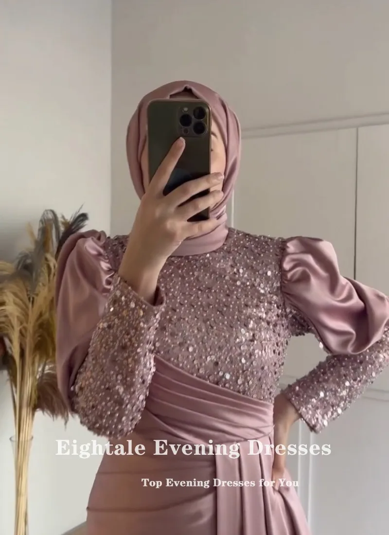 Eightale stoffig roze avondjurken voor vrouwen sprankelend lange mouwen satijn op maat Arabische prom feestjurk bruiloft