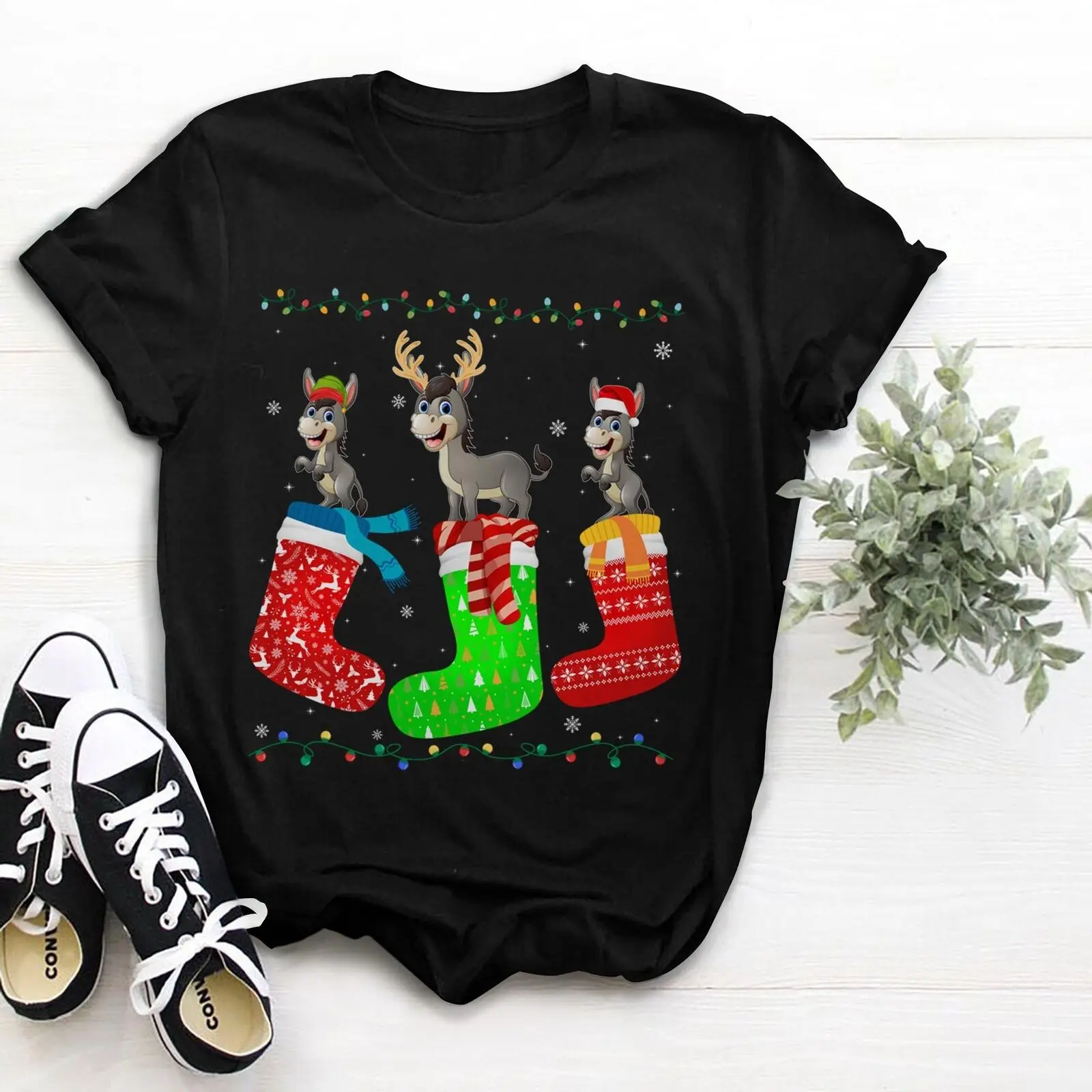 Donkey in Xmas Socks Funny Holiday Ugly Christmas T-Shirt