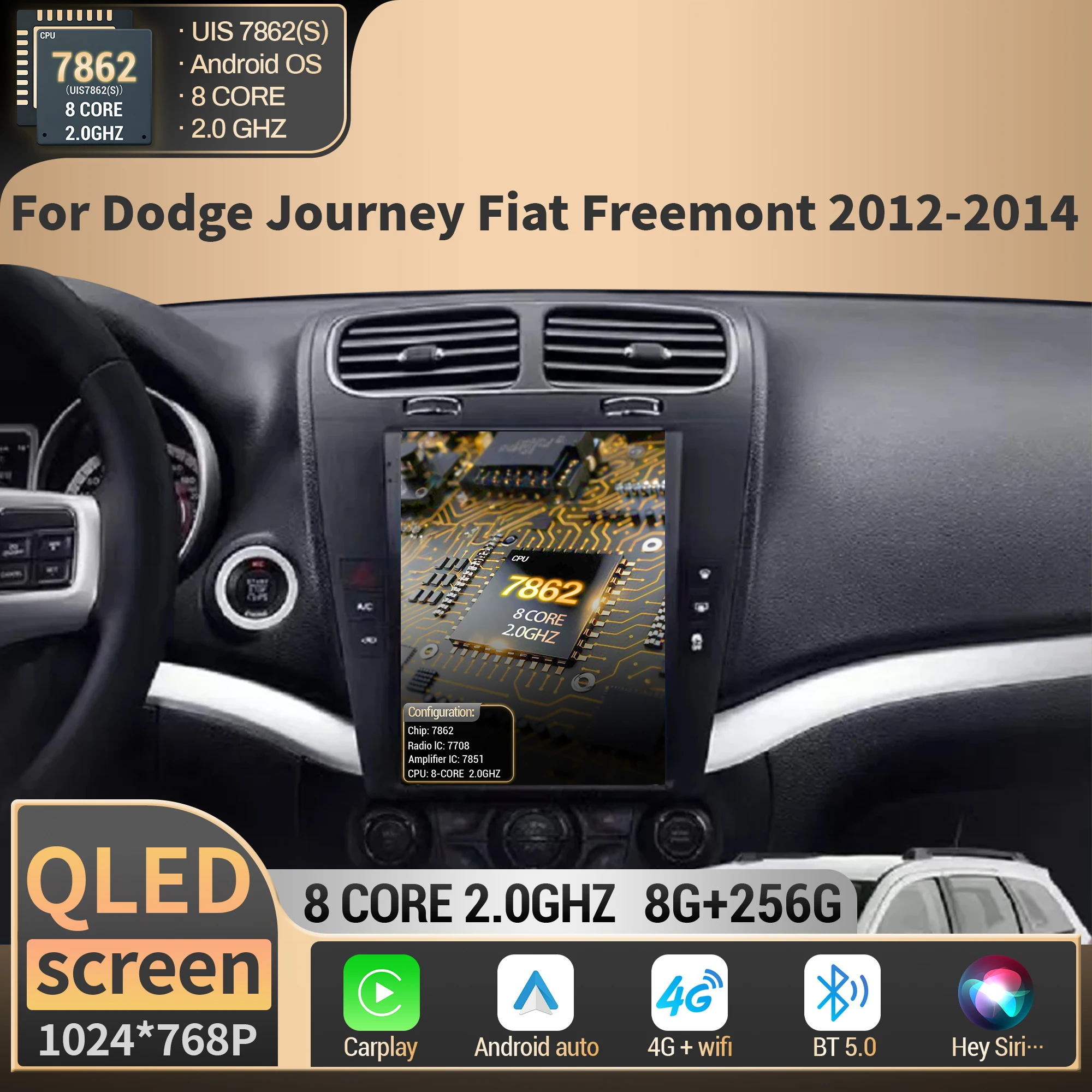 9.7 inch For Dodge Journey Fiat Freemont 2012 2013 2014 Car Radio Multimedia Navigation Wireless BT Carplay QLED Screen