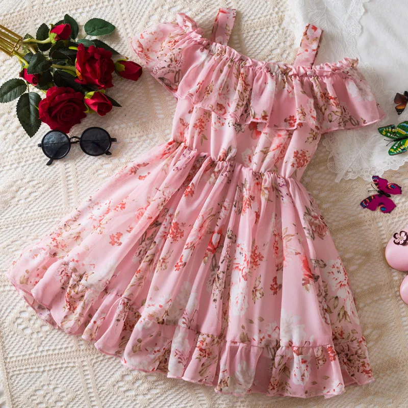 Korean Style Sweet Floral Shoulderless Suspenders Dress for Girls 2-6Y Summer Kid's Birthday Princess Dress Children's Clothing