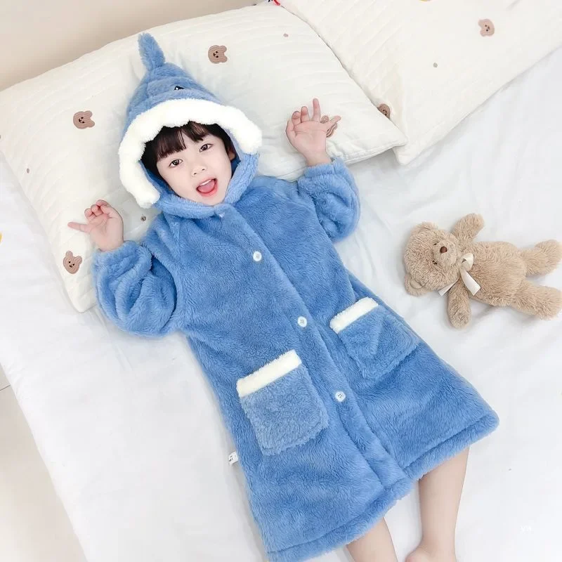 Blue Shark Bathrobe Hooded Pajamas Loungewear Animal Sleepwear Cute Homewear Flannel Nightgowns for Kids Boys Girls