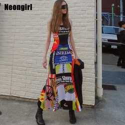 OrangeG Cyberpunk Long Trumpet Dress Sleeveless Women Streetwear Crew U Neck Letter Print Tank Motor Fashion Modern Outwear