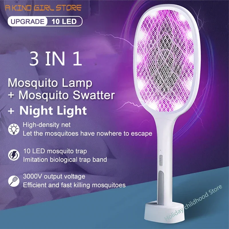 10LED Falle Moskito Mörder Lampe Elektrische Fliegen Klatsche USB Aufladbare Sommer Mückenfalle Schläger Anti Insekten Bug Zapper 3000V