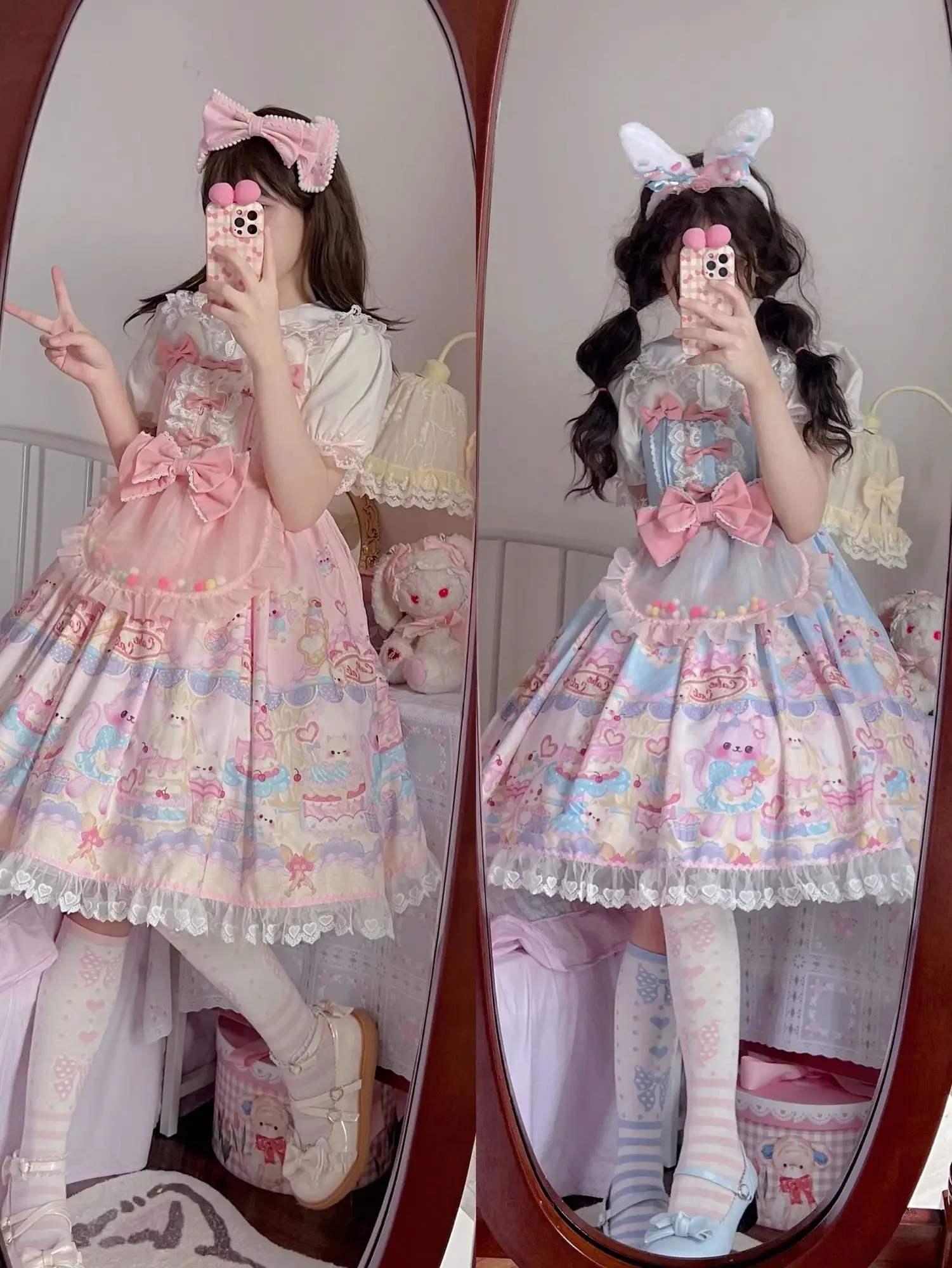 Sweet Lolita Dress Women Vintage Gothic Printed Summer senza maniche Dress Japanese Bow Bear Kawaii Princess Maid Dresses JSK