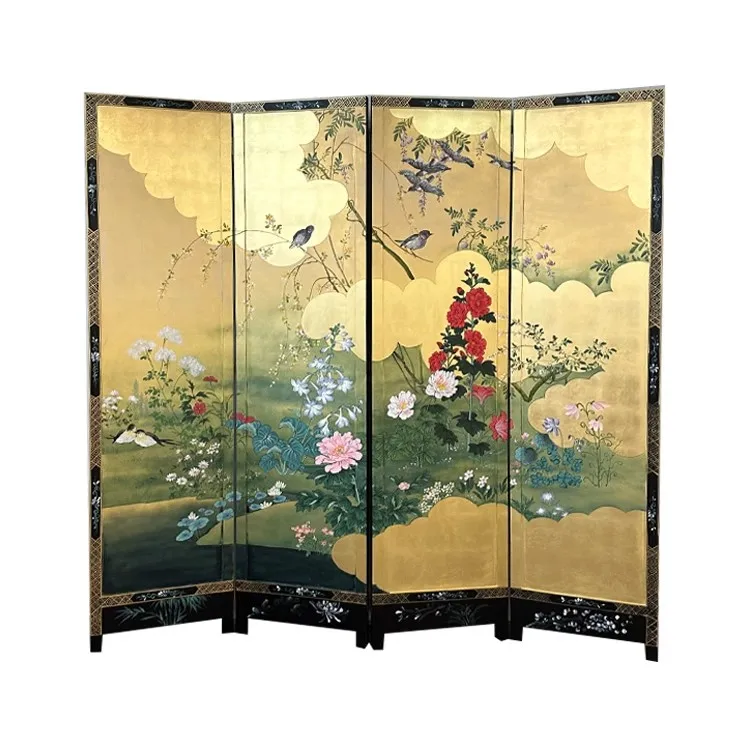 ！@Japanese Gold Leaf Screen Partition Wood Decorative Background for Study Room & Tea Room Featuring Flower Bird Design for Vill