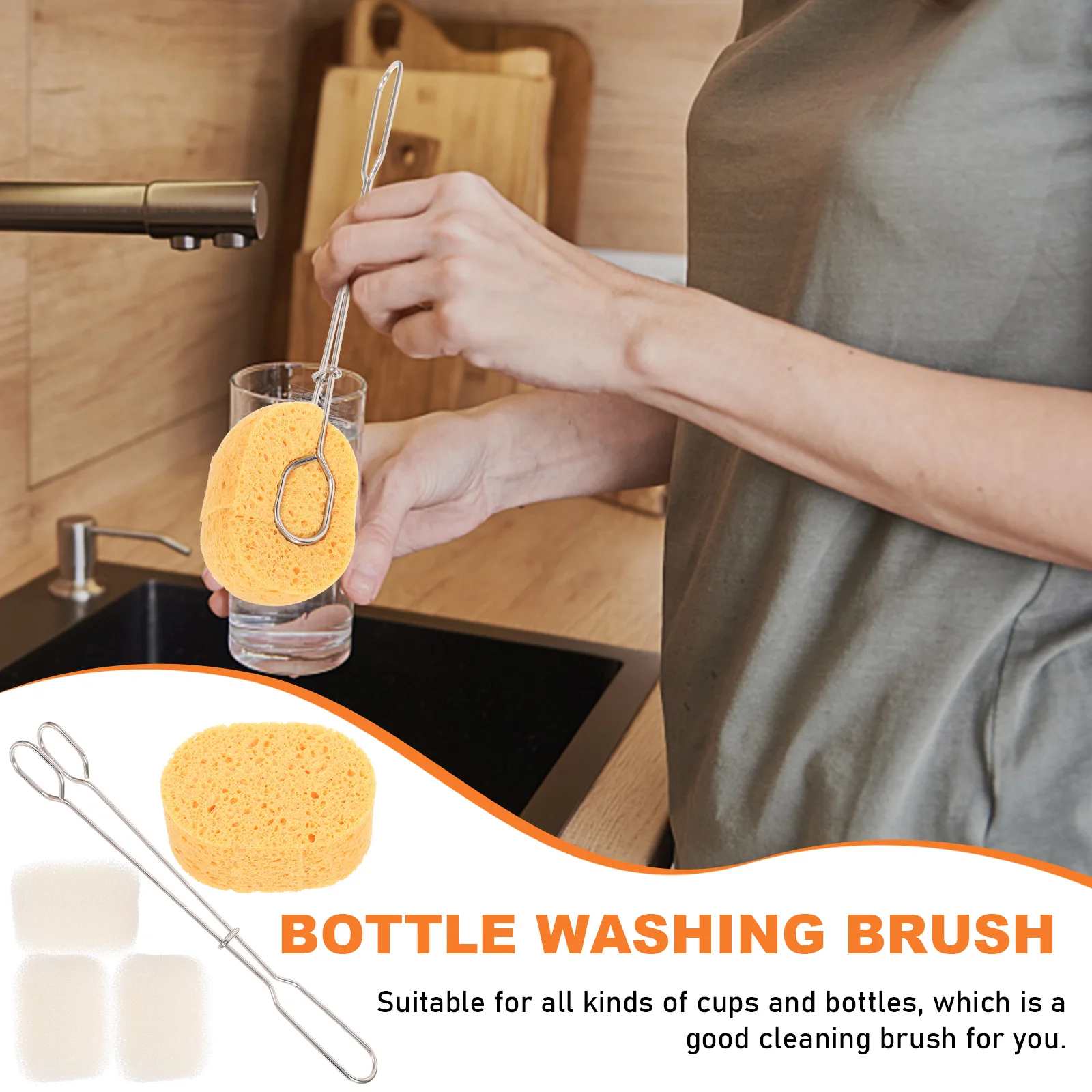 

1 set Sponge Cup Brush Yellow Long H Replacement Heads Bottle Cleaning Set Household Daily Use Stainless Steel